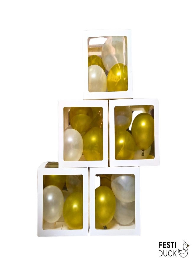 Festi Duck Pack of 5 Balloon Boxes - Transparent White Boxes with “S,” “E,” “V,” “E,” and “N” Letters & 24 Balloons (Gold & White) for Elegant 7th Birthday or Anniversary Décor (Gold & White) - Image 2